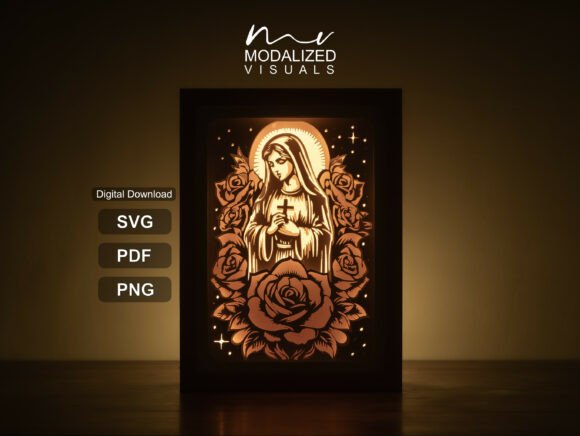 Virgin Mary Layered Papercut Lightbox: 3D SVG in Shadow Boxes